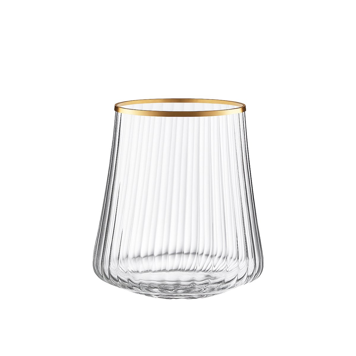 Clear glass tumbler with a gold rim on a white background