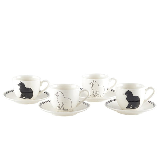 Coffee cups with black and white cat + saucers - Lot of 4 - CozyVibe.eu
