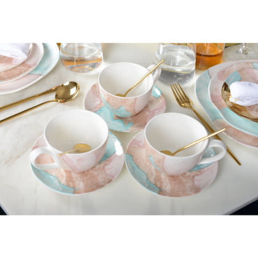 Set of 2 porcelain coffee cups with saucers, marble design, stylish tableware and home decor | CozyVibe