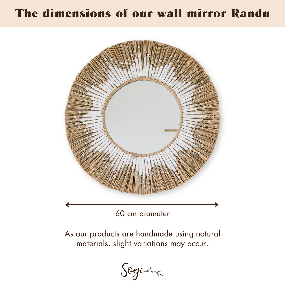 RANDU Round Seagrass Wall Mirror – Boho Hanging Mirror Ø60 cm - CozyVibe.eu