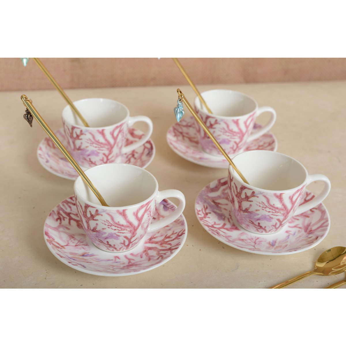 Decorative coral design coffee cup set of 4 with saucers, kitchen and home decor | CozyVibe