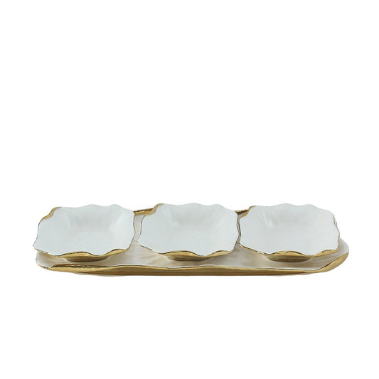 Snacks set of 3 bowls on a white porcelain tray with golden edges - CozyVibe.eu