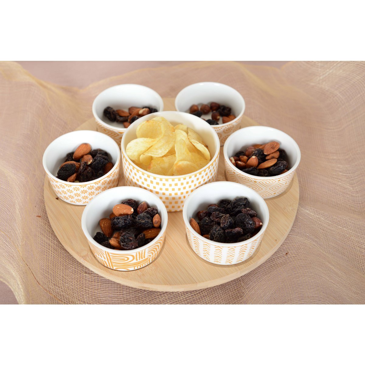 Snacks set of 7 bowls on round wooden tray - CozyVibe.eu