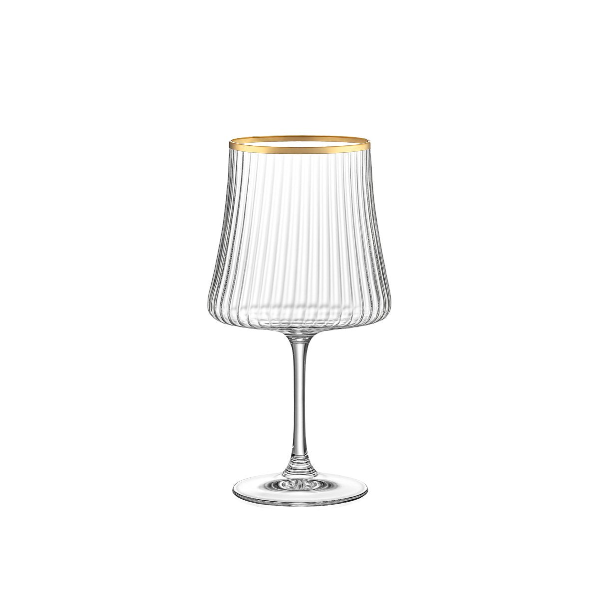 Clear glass wine glass with gold rim on a white background