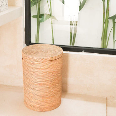 SARI rattan basket, decorative storage with lid for towels and linens