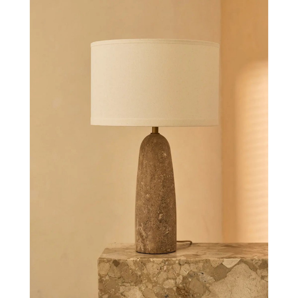 Isla Travertine Table Lamp with Cotton Shade
