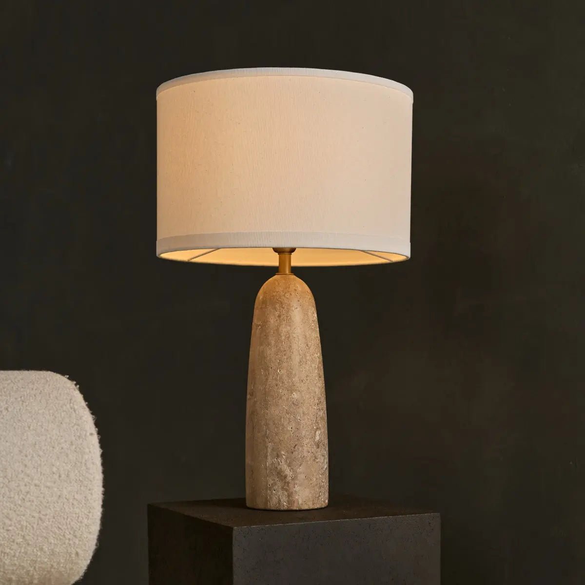 Isla Travertine Table Lamp with Cotton Shade
