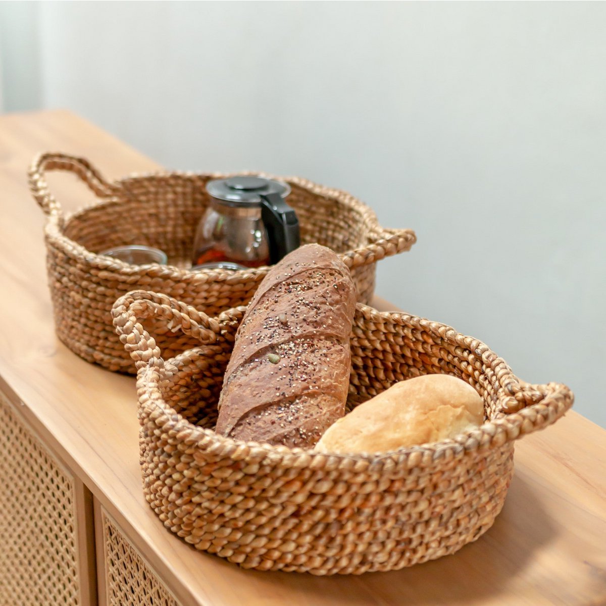 Bread Basket | Small Round Basket | Decorative Woven Storage Basket made of Water Hyacinth JAWAH (2 sizes) - CozyVibe.eu