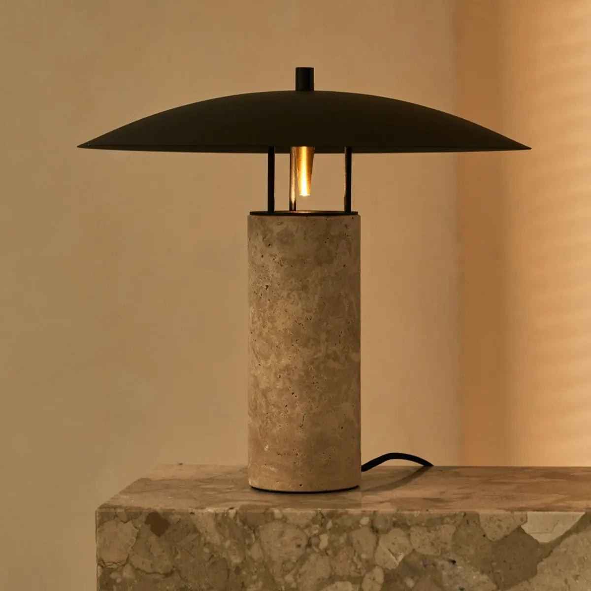 Nicolaas Travertine and Metal Table Lamp