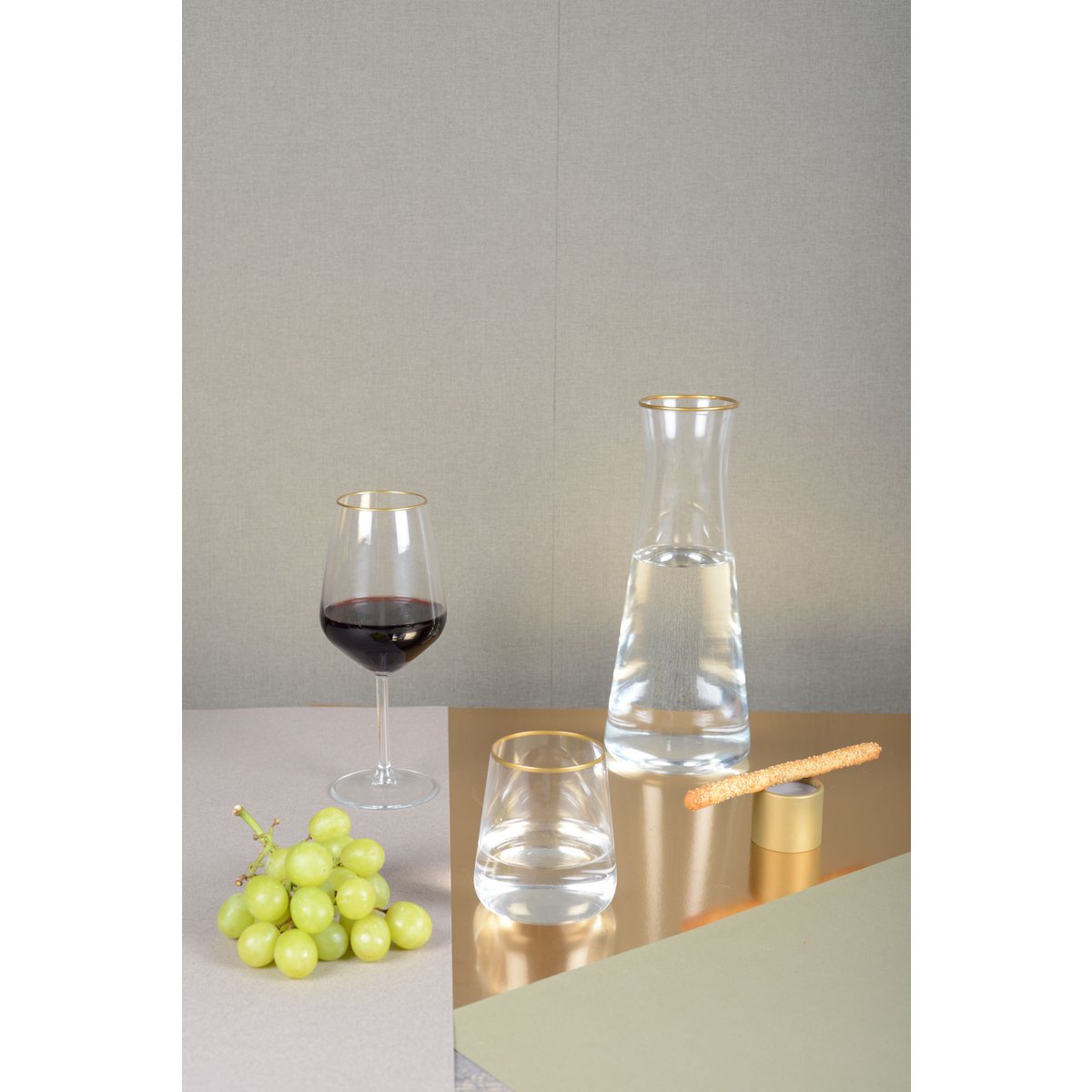 Elegant glass pitcher with gold rim, perfect for kitchen decor and table decoration | CozyVibe

