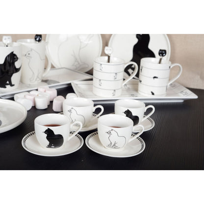 Black and white ceramic cat coffee cup set with saucers, perfect for kitchen decor | CozyVibe

