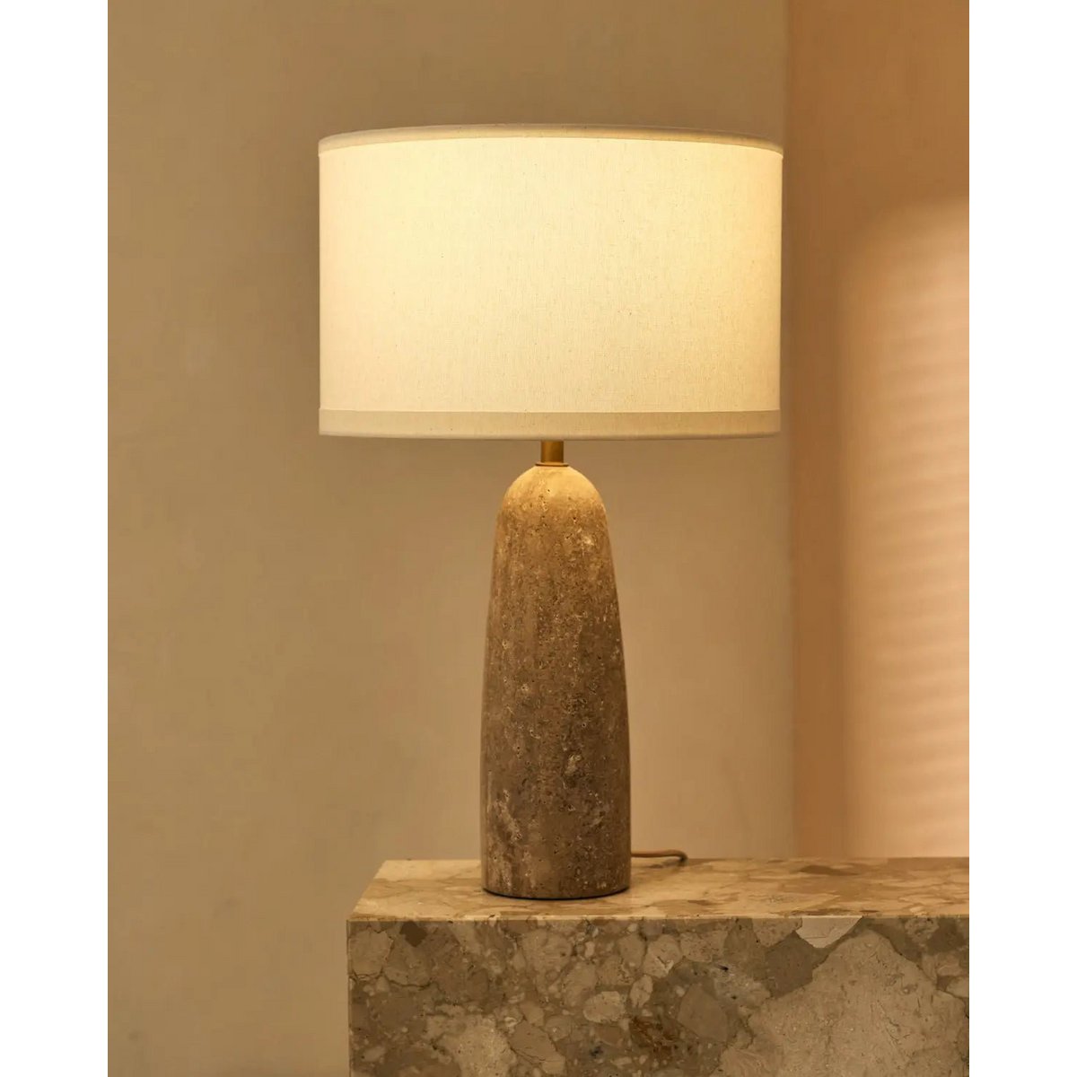 Isla Travertine Table Lamp with Cotton Shade