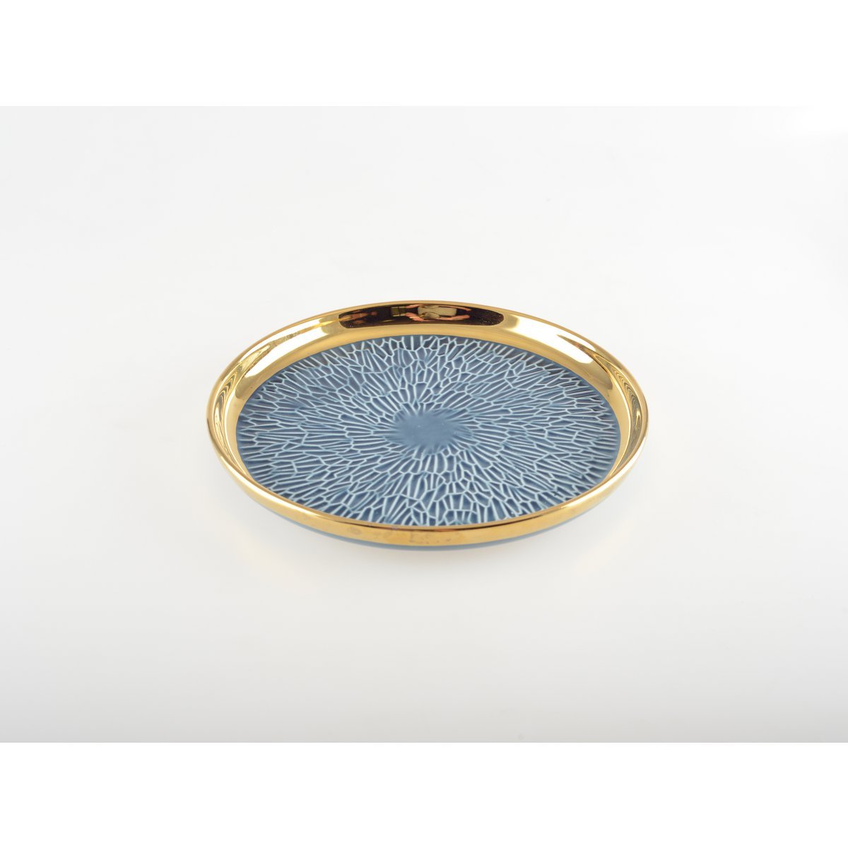 Blue and cream ceramic dessert plates with gold rim, set of four

