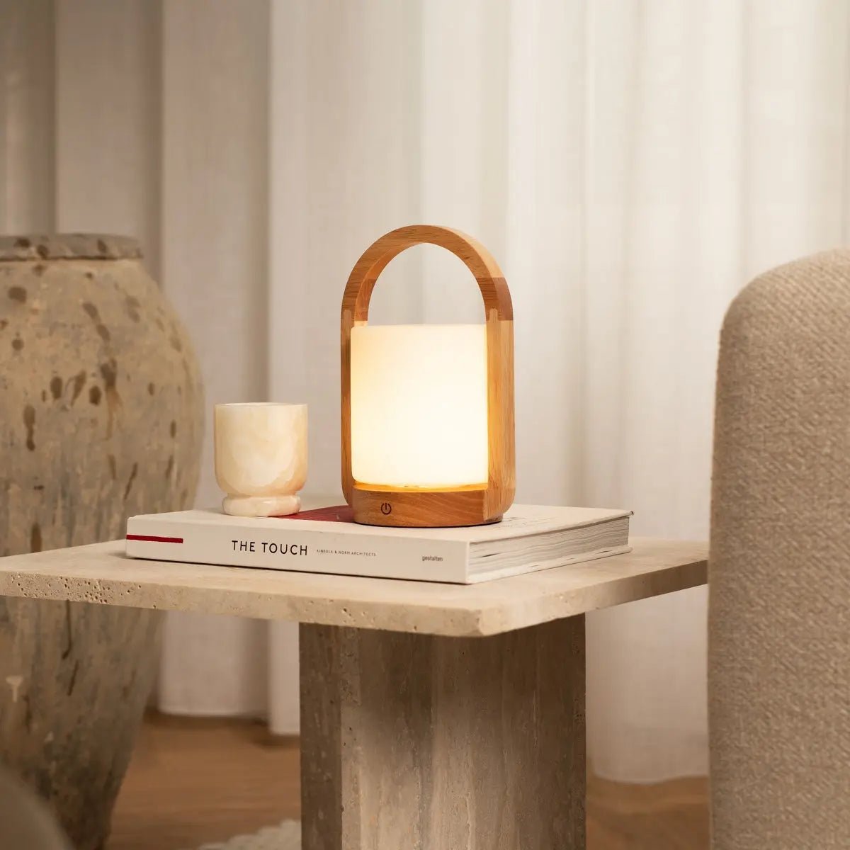 George Light Brown Wooden Lamp – Rechargeable Frosted Glass Design - CozyVibe.eu