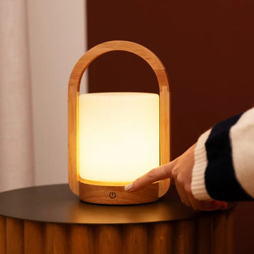 George Light Brown Wooden Lamp – Rechargeable Frosted Glass Design - CozyVibe.eu