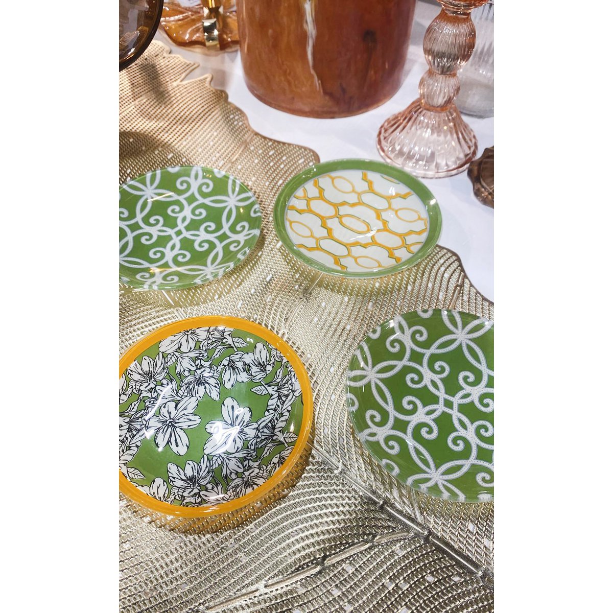 Set van 4 glazen bordjes – Groen en oranje