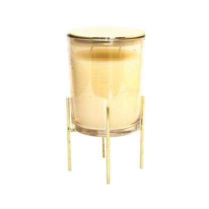 Golden candle with vanilla perfume on a gold metal support 10x10x17.5cm - CozyVibe.eu
