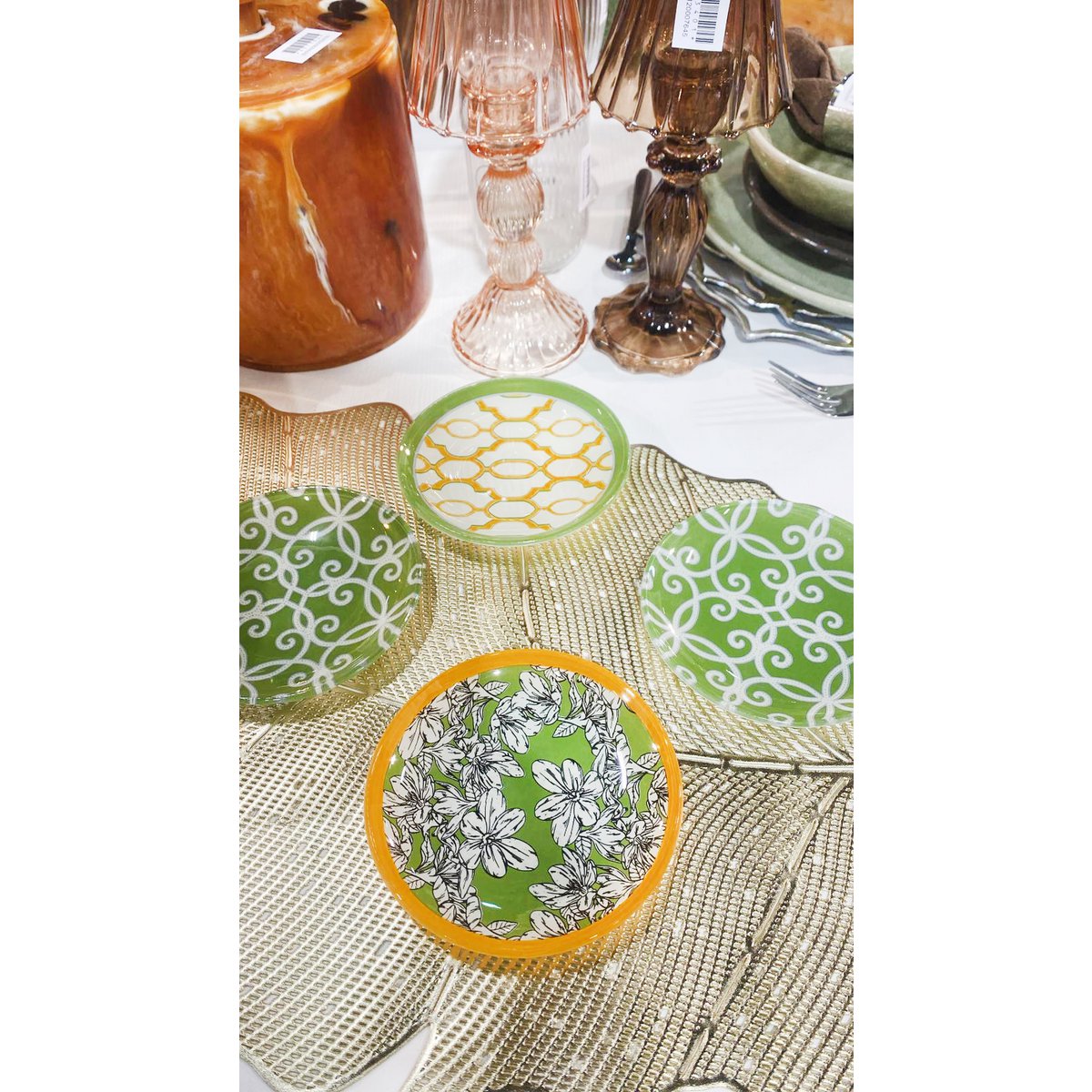 Set van 4 glazen bordjes – Groen en oranje