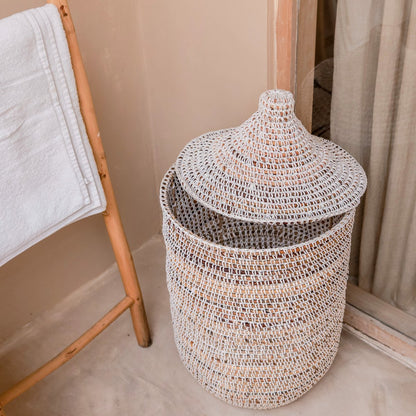 KAJA handwoven banana fibre laundry basket with lid for home décor by CozyVibe


