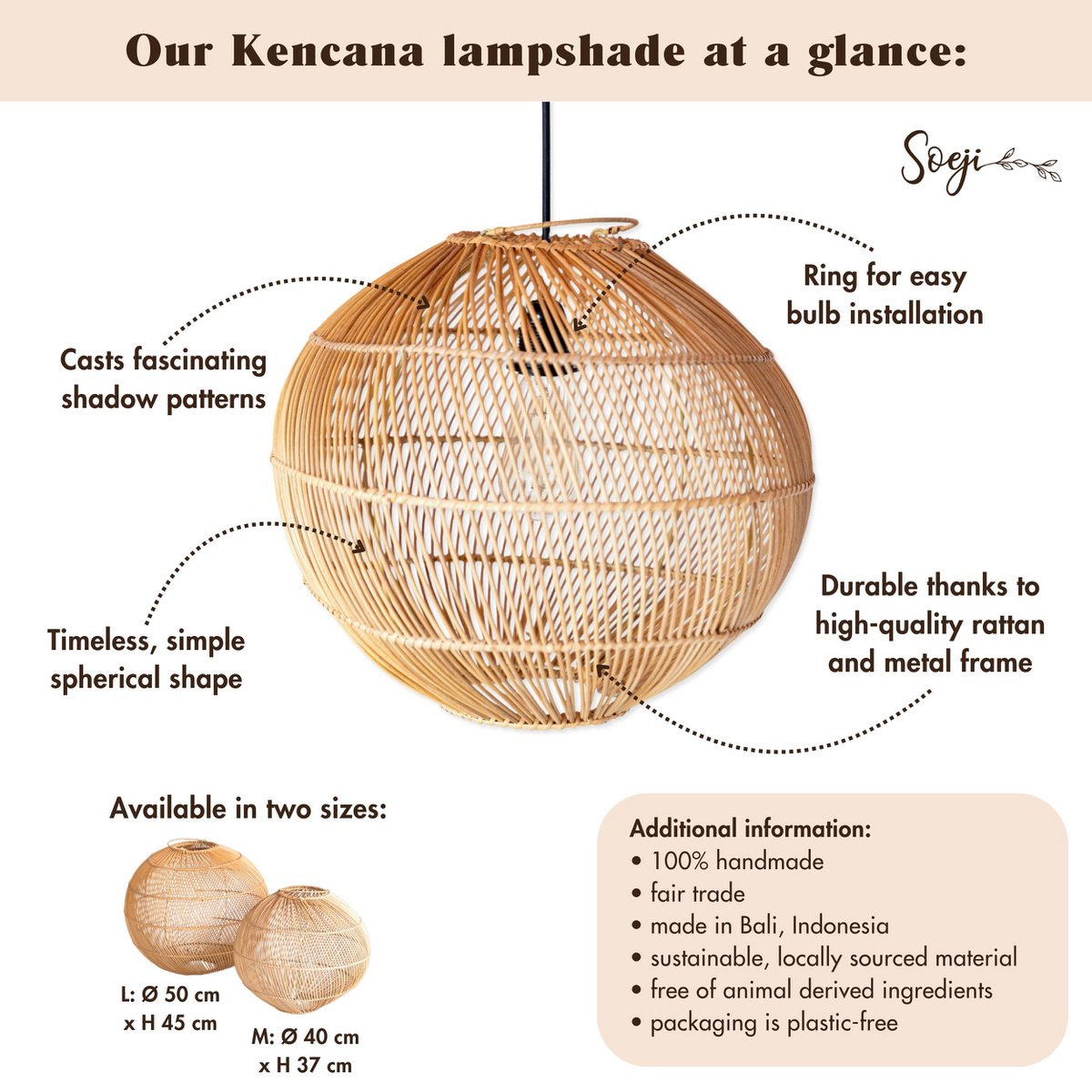 KENCANA Round Rattan Lampshade – Handmade Boho Pendant Light - CozyVibe.eu