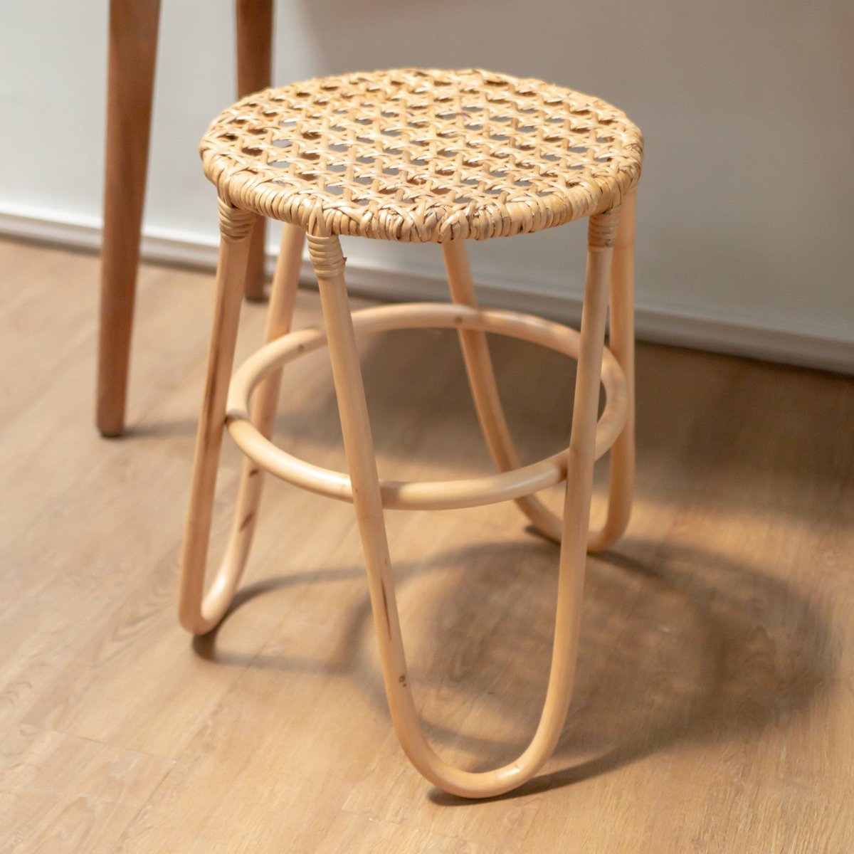 KOLAKA Rattan Stool – Small Round Woven Three - Legged Seat - CozyVibe.eu
