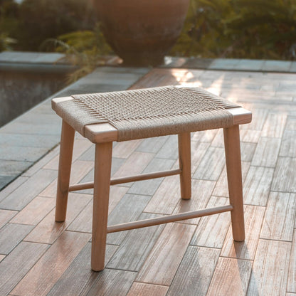 Large Wooden Stool SUNDA made of Trembesi with a Seating Surface from Woven Recycled Paper - CozyVibe.eu
