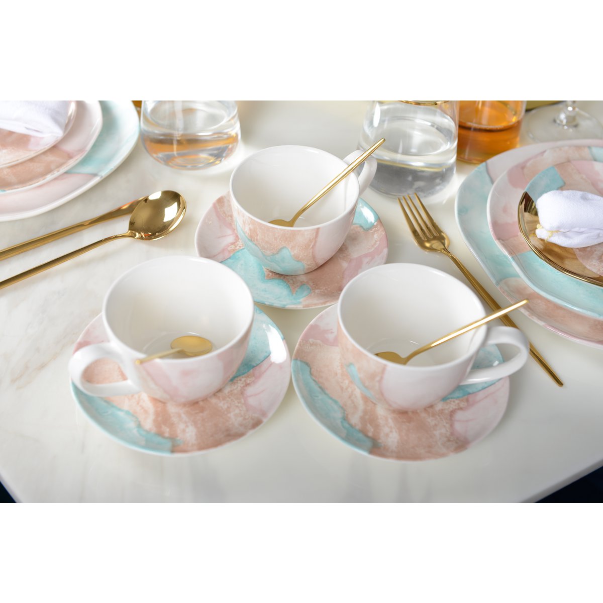 Set of 2 porcelain coffee cups with saucers, marble design, stylish tableware and home decor | CozyVibe

