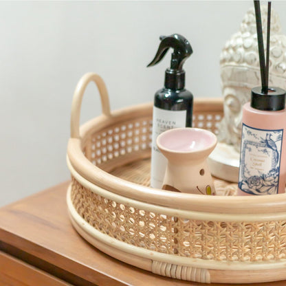 NEIRA Rattan Tray – Round Handmade Beige Decorative Serving Tray - CozyVibe.eu