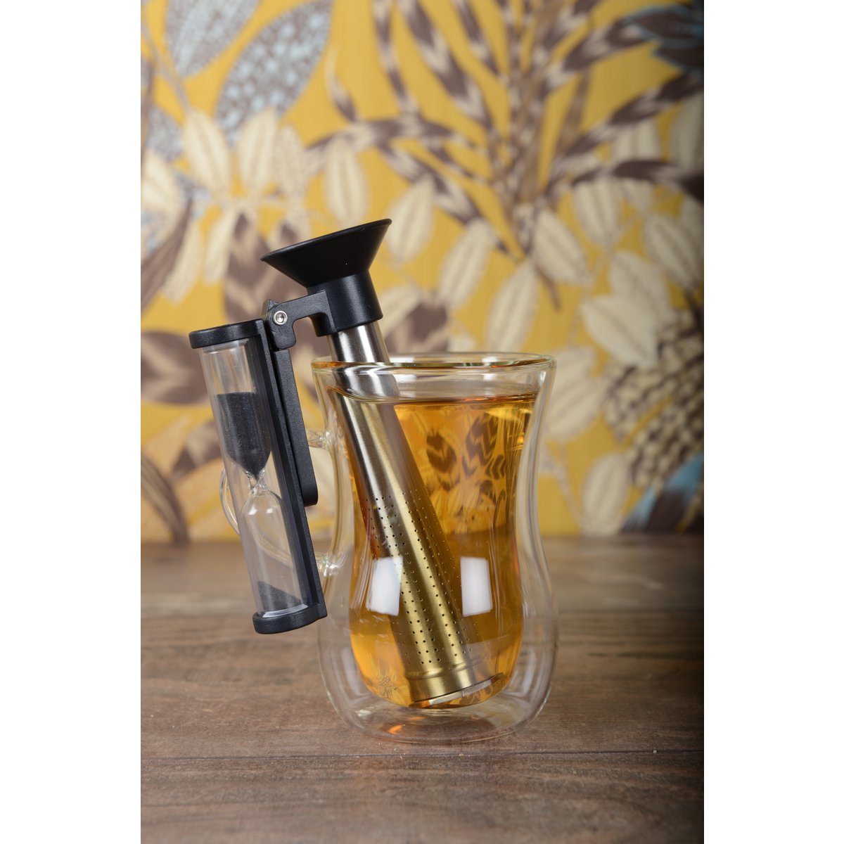 Zwart roestvrijstalen theefilter met timer – 7×4×14,5 cm