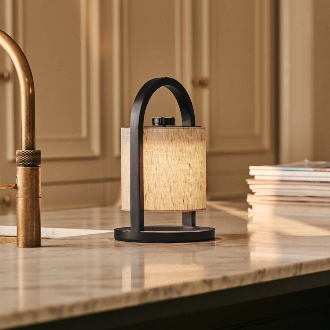 Wood-accent rechargeable lamp, black and grey modern design