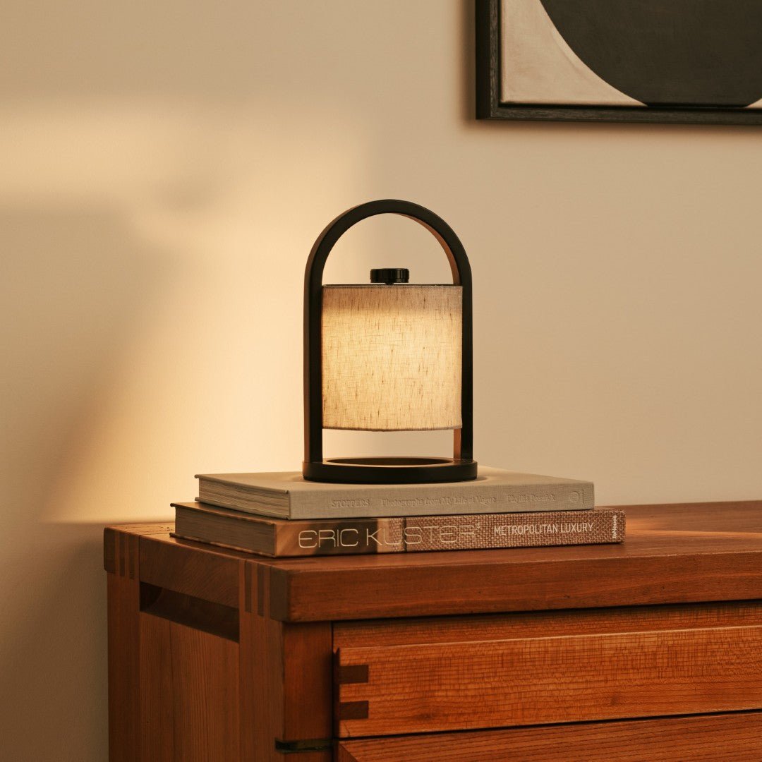 Rechargeable cordless lamp with wood base, River black & grey design