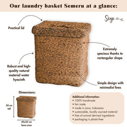 SEMERU Large Laundry Basket with Lid – Handmade Rectangular Woven Hamper - CozyVibe.eu
