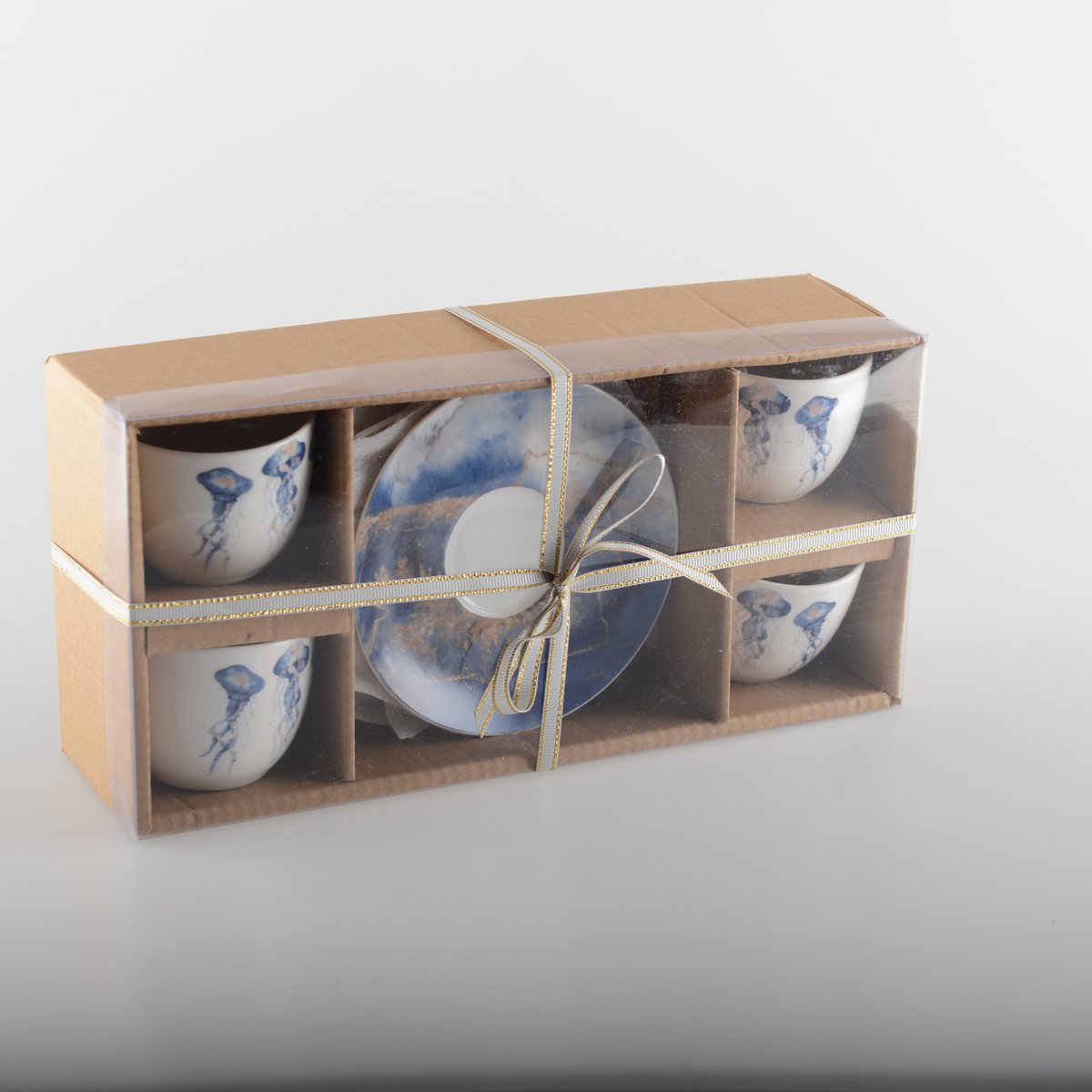Set of 4 coffee cups with jellyfish + saucers - CozyVibe.eu