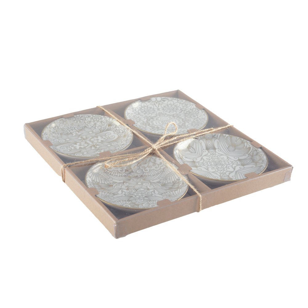 Set van 4 witte keramische borden met abstract ontwerp