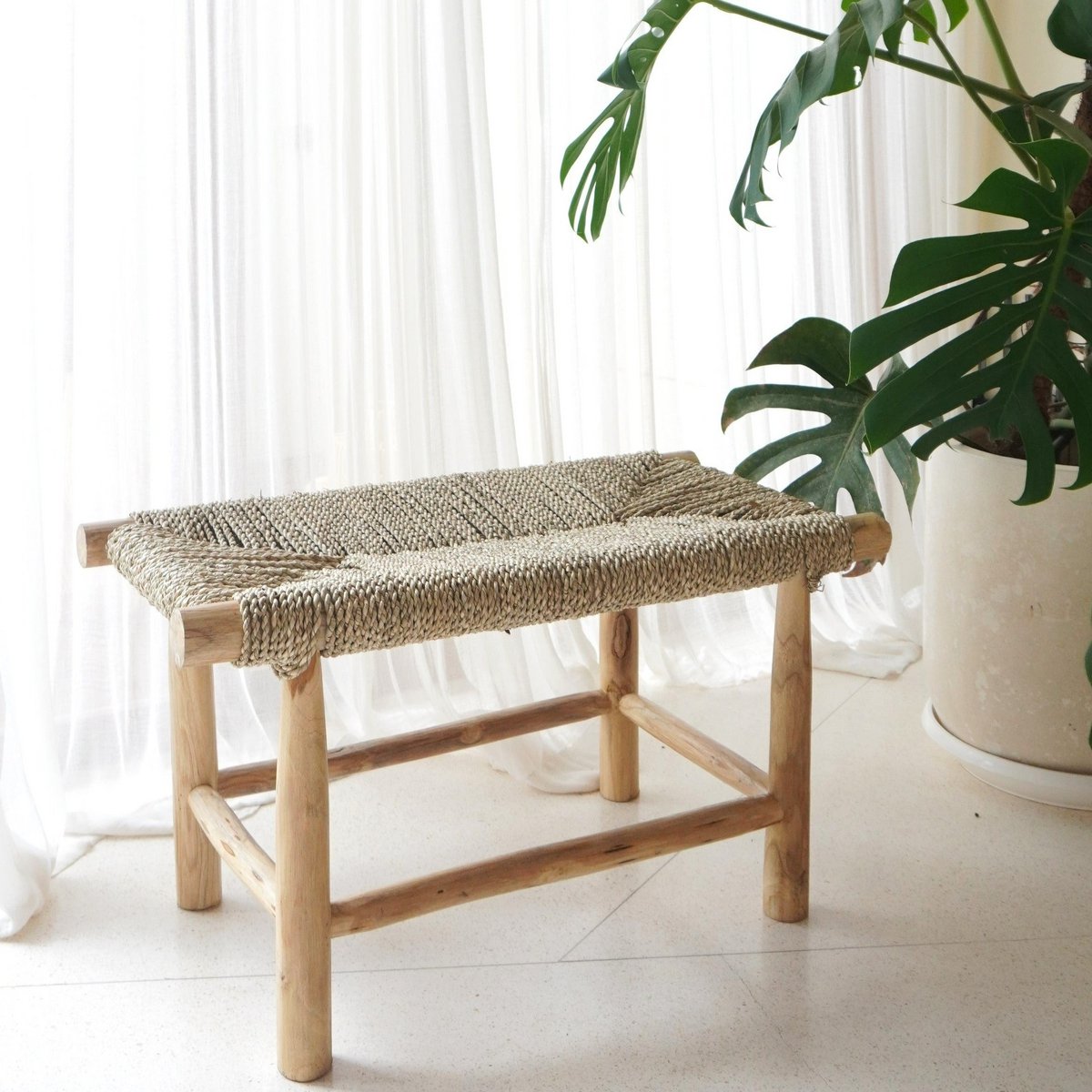 SUNGAI Wooden Bench – Seagrass Seat Handcrafted Design - CozyVibe.eu