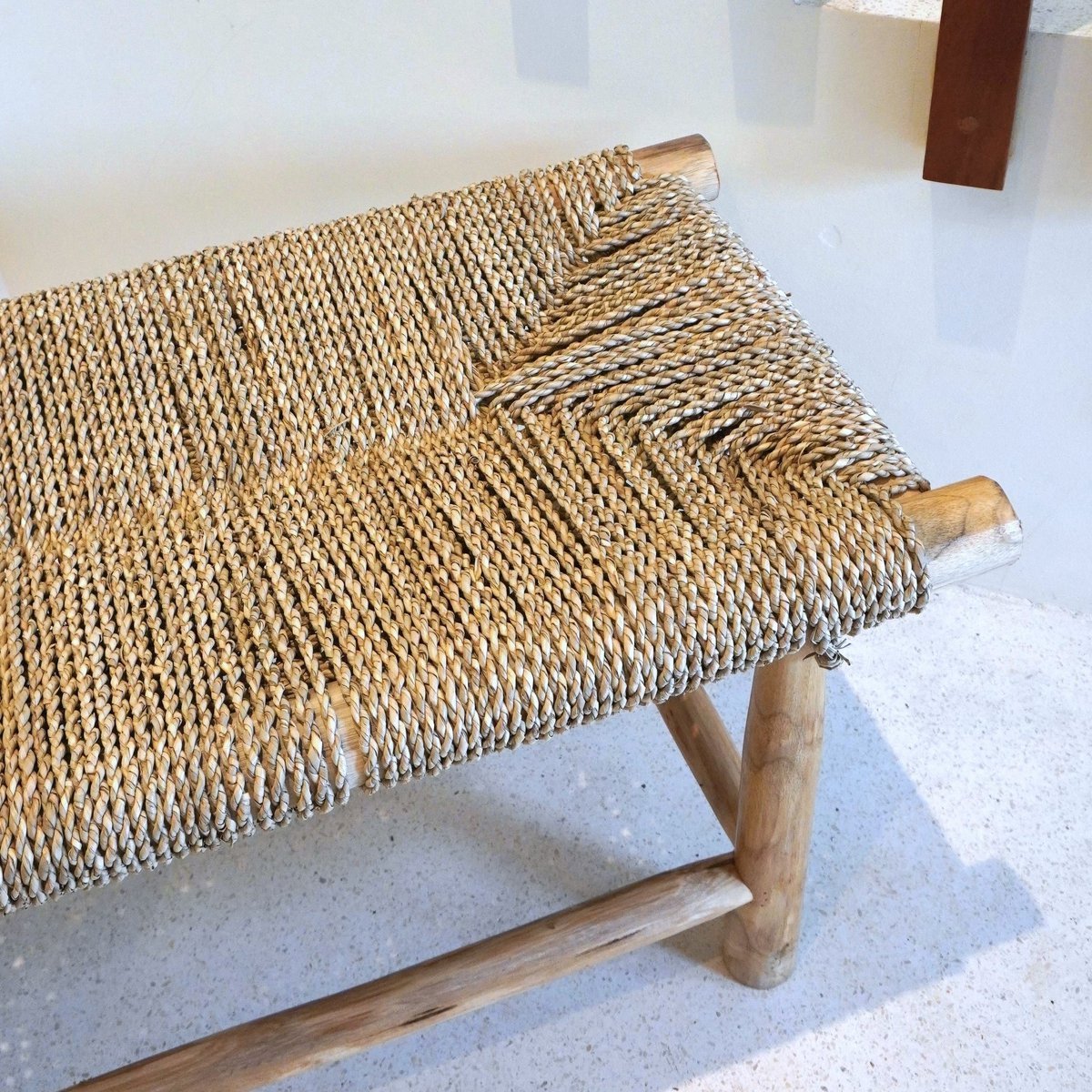 Boho-style wooden bench for living room décor by CozyVibe

