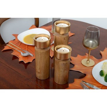 Wood and gold metal candle holder 23cm - CozyVibe.eu