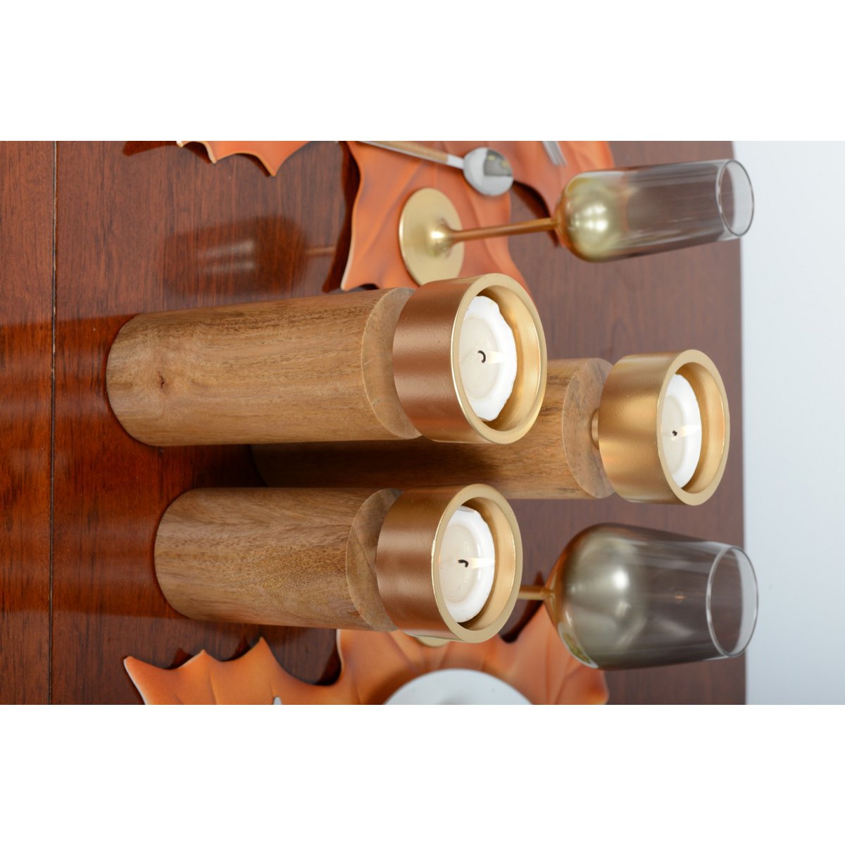 Wood and golden metal candle holder 27cm - CozyVibe.eu