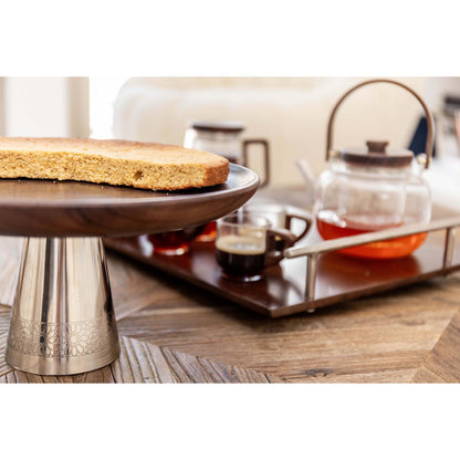 Wooden cake stand on silver metal foot 30x30x14.5cm - CozyVibe.eu