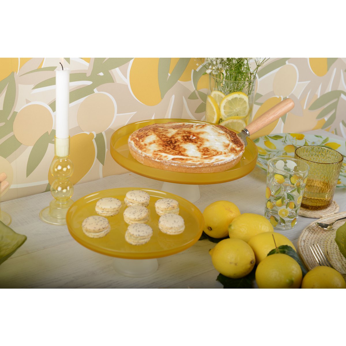 Stylish yellow glass cake stand for home decor and dessert serving | CozyVibe