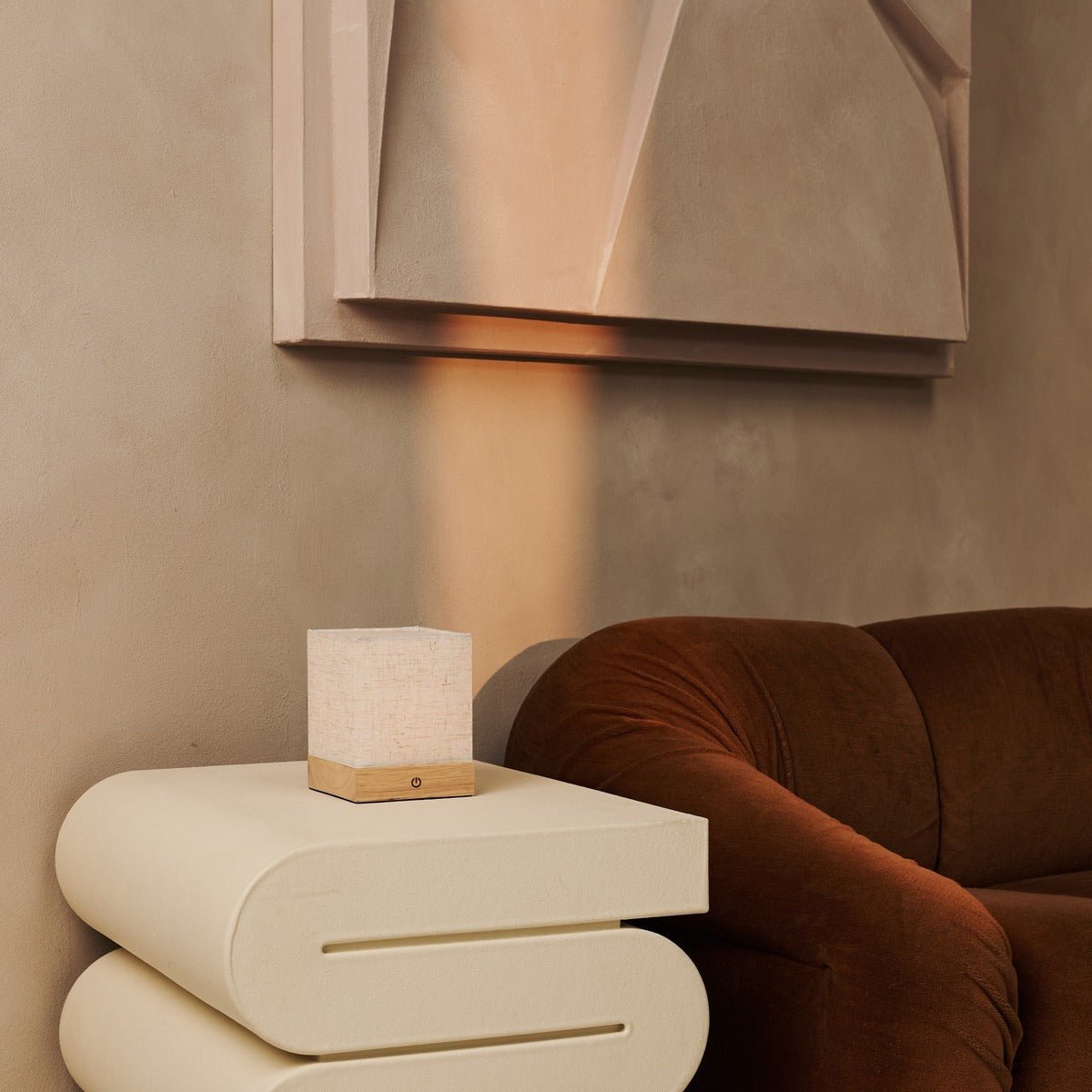 Zano battery-operated lamp, wood and linen minimalist table light